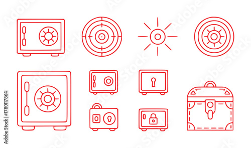 Collection of Red Line Art Icons Representing Safes, Locks, and Security