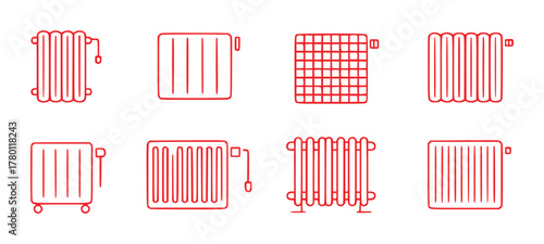 Collection of Red Line Art Icons Representing Various Radiator Designs