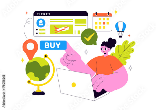 Online Ticket Travel Vector Illustration Through a Transportation and Journey Provider App for Booking in a Flat Cartoon Background Design