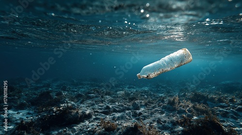 Underwater Scene of Plastic Bottle Floating Above Sea Floor in Clear Water Environment