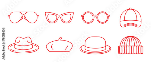 Collection of Red Line Art Icons: Sunglasses, Hats, and Caps