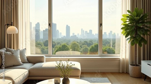 Serene living room with city views offers a tranquil escape, perfect for relaxation and modern living, showcasing elegance and comfort in urban life