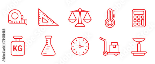 Collection of Red Line Icons Representing Measurement, Science, and Logistics Tools