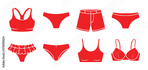 Collection of Red Underwear and Lingerie Icons on White Background