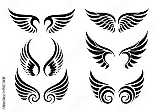 Collection of Stylized Black Wings on White Background