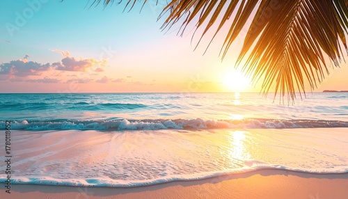 Fototapeta Naklejka Na Ścianę i Meble -  Golden Sunset Over Tropical Beach With Gentle Waves And Palm Frond Silhouette In Maldives