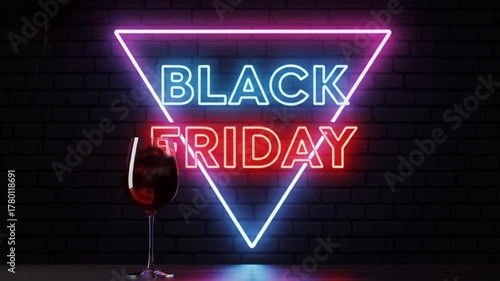 Black Friday wine glass with glowing neon sign background
