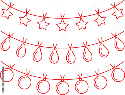 Festive Red Outline Garlands: Stars, Teardrops, and Orbs on White Background