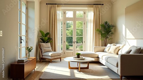 Sunlight streams into a modern, minimalist living room with a cozy sectional sofa and a view of lush greenery, perfect for a tranquil lifestyle video