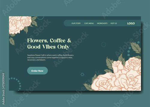Minimalist Floral landing page with rose flower ornament and deep emerald colors