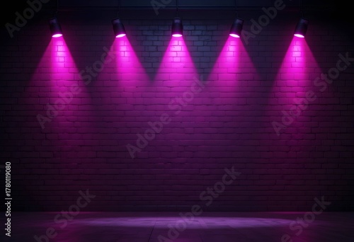 Empty dark stage background, textured brick wall illuminated by magenta spotlights. Dramatic lighting effect atmospheric space. Ideal for Nightclub, Concert, Event and Advertising themes.