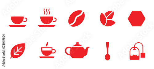 Red Icons of Coffee and Tea Elements: Cups, Beans, Leaves, Teapot, Spoon, Tea Bag