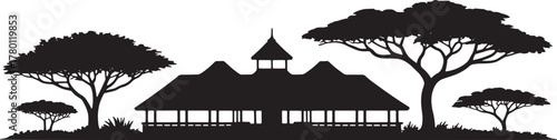 African Lodge Silhouette Landscape in Savannah Setting, Safari Themed Backdrop