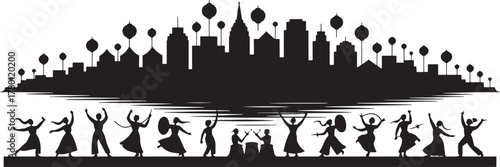 Celebration Silhouette Scene Cityscape with Dancing Figures and Drummer Group