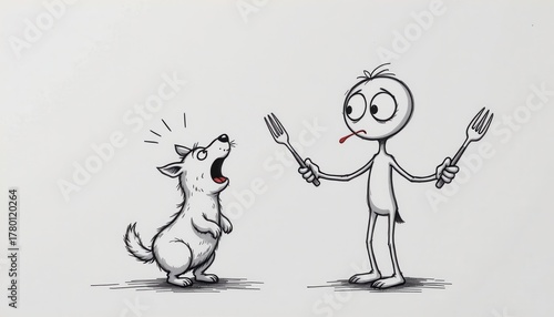 Cartoon character holding forks looking surprised at a barking dog in a whimsical illustration for humorous contexts