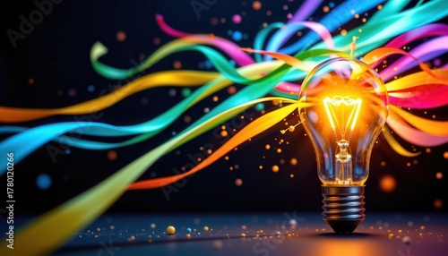 Colorful light bulb with vibrant ribbons creating a stunning visual effect representing creativity and inspiration in design