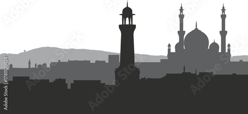 Cityscape Silhouette featuring Islamic Architecture Minarets Dome City Urban Scene
