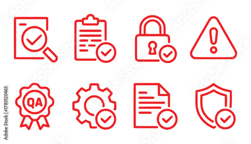 Red Icons Representing Quality Assurance, Security, and Compliance