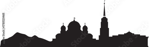 Cityscape Silhouette Vector Art with Orthodox Church, Skyscraper Tower and Hill Landscape