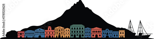 Colorful Willemstad Curacao Skyline Caribbean Charm, Vibrant Coastal City Silhouette Illustration