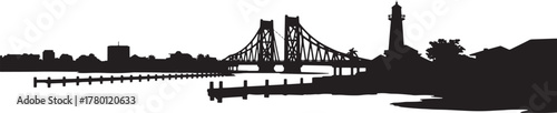 Coastal Town Silhouette with Bridge, Lighthouse and Pier Scenic Waterfront View