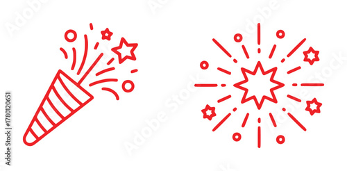 Red Line Art Icons of a Party Popper and Fireworks on White Background