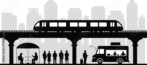 Commuters & Street Food: Elevated Train Above City Underpass Scene with Food Truck Stand