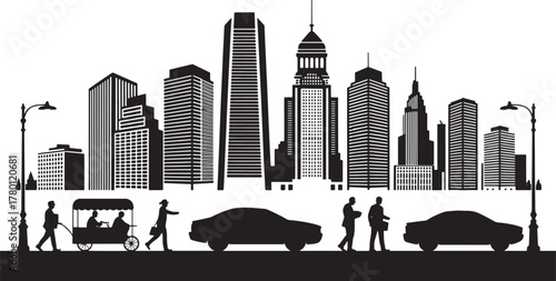 Detailed Black and White Cityscape Vector Illustration With Taxis and Buildings Silhouettes