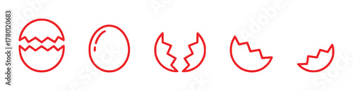 Red Line Art Icons of an Egg, Cracked Egg, and Eggshell Fragments on White