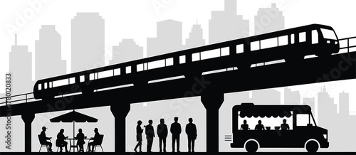 Elevated Train City Scene with Food Truck Silhouette Composition Black and White Illustration