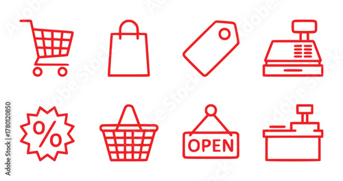 Red Line Icons for Shopping: Cart, Bag, Tag, Cash Register, Discount, Basket, Open Sign