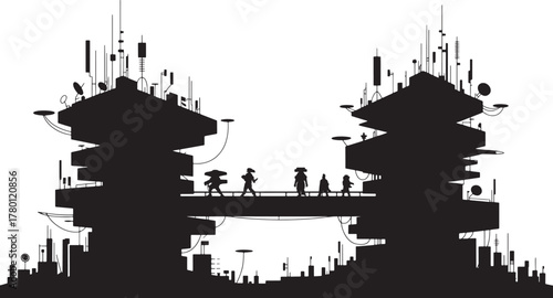 Futuristic City Skyline Illustration Building Bridge Walkway Architecture