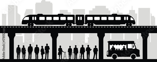Elevated Train Above Crowd Silhouettes at City Street Food Truck Underpass Urban Scene