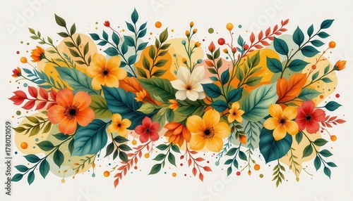 Vibrant Floral Arrangement with Various Colors, Leaves, and Blossoms, Perfect for Invitations or Home Decor