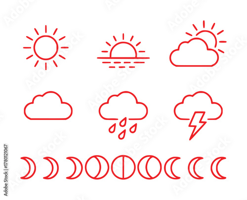 Red Line Icons: Sun, Clouds, Rain, Lightning, and Moon Phases on White Background