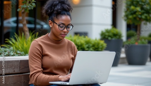 Young woman focused on laptop outdoors, dressed in cozy sweater, surrounded by nature and modern architecture, capturing a moment of productivity