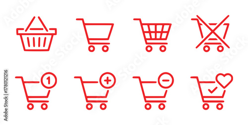 Red Shopping Cart Icons: Basket, Add, Remove, Favorite, and More