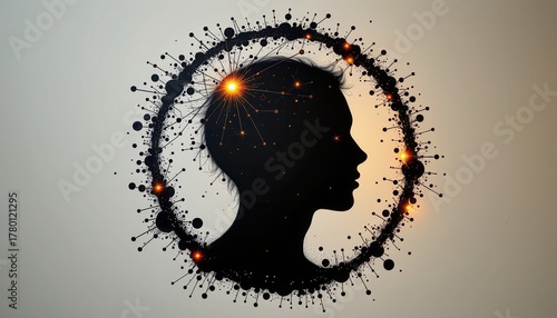 Silhouette of a Head Surrounded by Abstract Particles and Light Effects Representing Creativity and Imagination