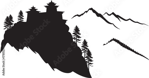 Mountainous Landscape Silhouette with Pagoda Topped Peak and Evergreen Trees in Black Vector Art