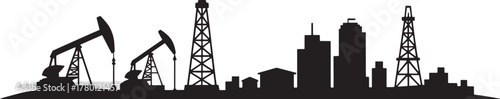 Oil Derricks Silhouette Graphic Landscape Vector Oilfield Energy Production Towers