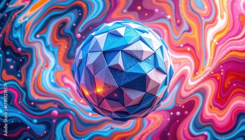 Abstract 3D Sphere with Geometric Patterns and Colorful Swirls in a Digital Space