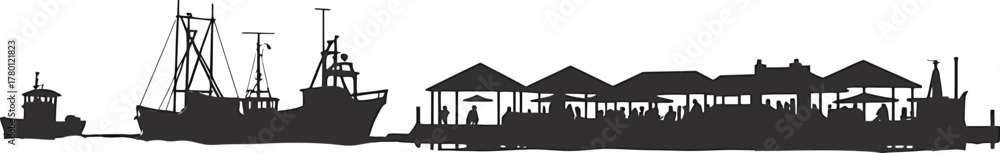 Fototapeta premium Seaside Silhouette Scene Depicting Harbor Docks Fishing Boats and Buildings Against Transparent Backdrop