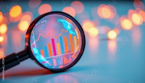 Analysis of Data Trends Through Magnifying Glass with Abstract Bokeh Background of Soft Colorful Lights