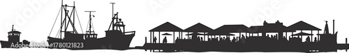 Seaside Silhouette Scene Depicting Harbor Docks Fishing Boats and Buildings Against Transparent Backdrop