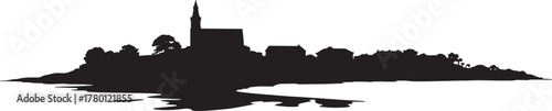 Silhouette Illustration Of Village With Buildings And Church Tower Over Water On Checkered Backdrop