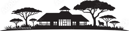 Silhouette of an African Safari Lodge Amidst Trees Landscape, Nature Inspired Graphic