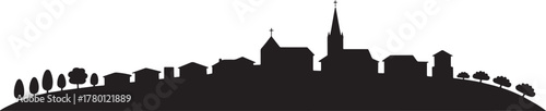 Silhouette of Charming Village Scene with Trees Churches and Houses on Rolling Hills Design