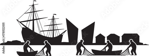 Silhouette of Fishing Village with Sailboats Fishermen Drawing Nets Nautical Vector Image