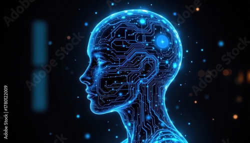 Futuristic Concept of Digital Human Head with Neon Glow and Circuit Board Pattern