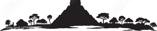 Silhouette of Mayan Pyramid Village Guatemala Tourist Attraction Scenery Stock Vector